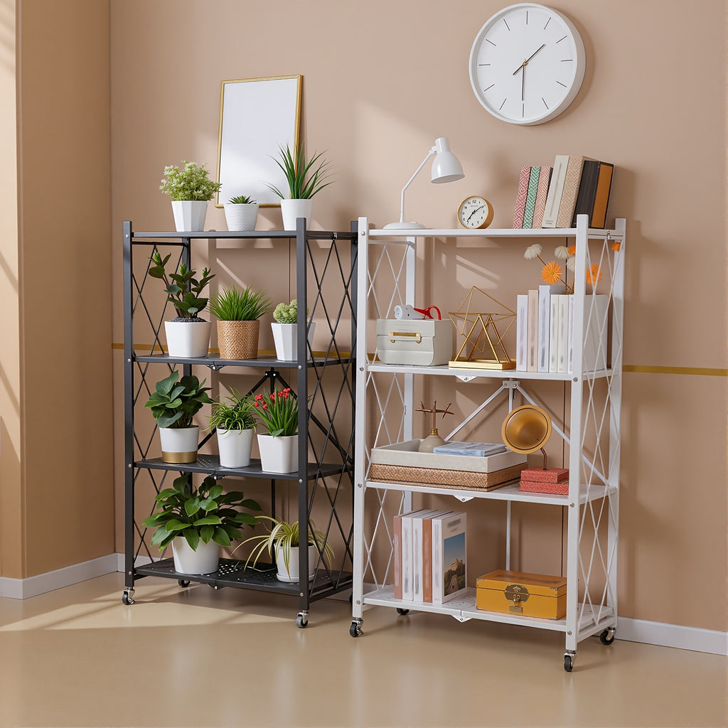 3/4/5-Tier Portable Multifunctional Storage Rack, Floor-Standing Storage Rack with Lockable Wheels, Space-Saving, No Assembly, Foldable Storage Shelf with Durable Carbon Steel Frame for Bedroom, Balcony, Garden, Standing Shelf
