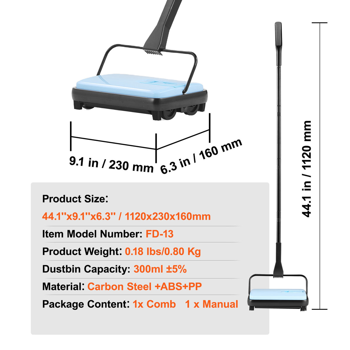 VEVOR Carpet Sweeper Manual, Floor Sweeper with 300 ml Dustbin Capacity Easy to Empty, 6.7 inch Cleaning Width for Home Office Carpets Pet Hair Dust, Purple/Red/Blue