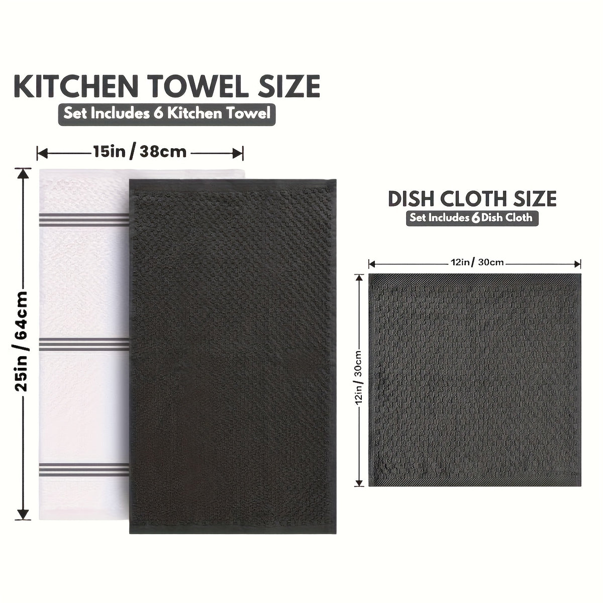 12pcs 100% Cotton Kitchen Towel Set | 6 Hand Towels (15" X 25"), 6 Wash Towels (12" X 12") - Striped Weave, Absorbent & Durable Dish Towels For Cooking, Cleaning & Drying - Perfect For Christmas & Holiday Kitchens