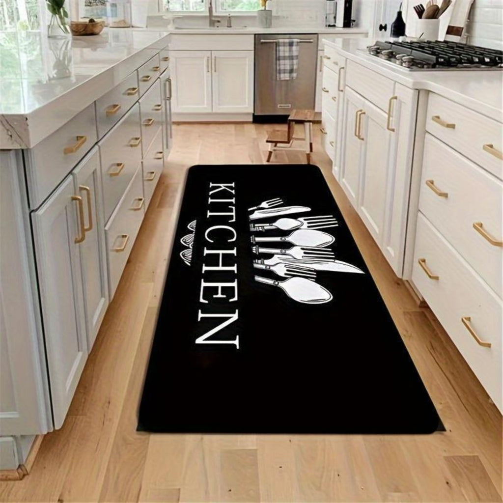 3pcs Kitchen Alphabet Theme Mat Set, Knife And Fork Pattern, Musthave for Home, Non Slip, Soft, Easy to Clean, Suitable for Bedrooms, Living And Dining Room, Kitchen, Bathroom, Gift for Friend And Family, Kitchen Accessories, Halloween Decorations