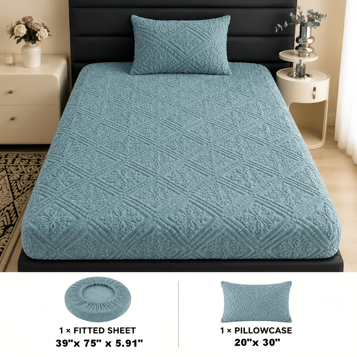 Embossed Fitted Sheet with Optional Pillowcases, Soft Deep Pocket Machine Washable Bedding in White, Gray, Khaki, Blue and Green for Twin Full Queen King