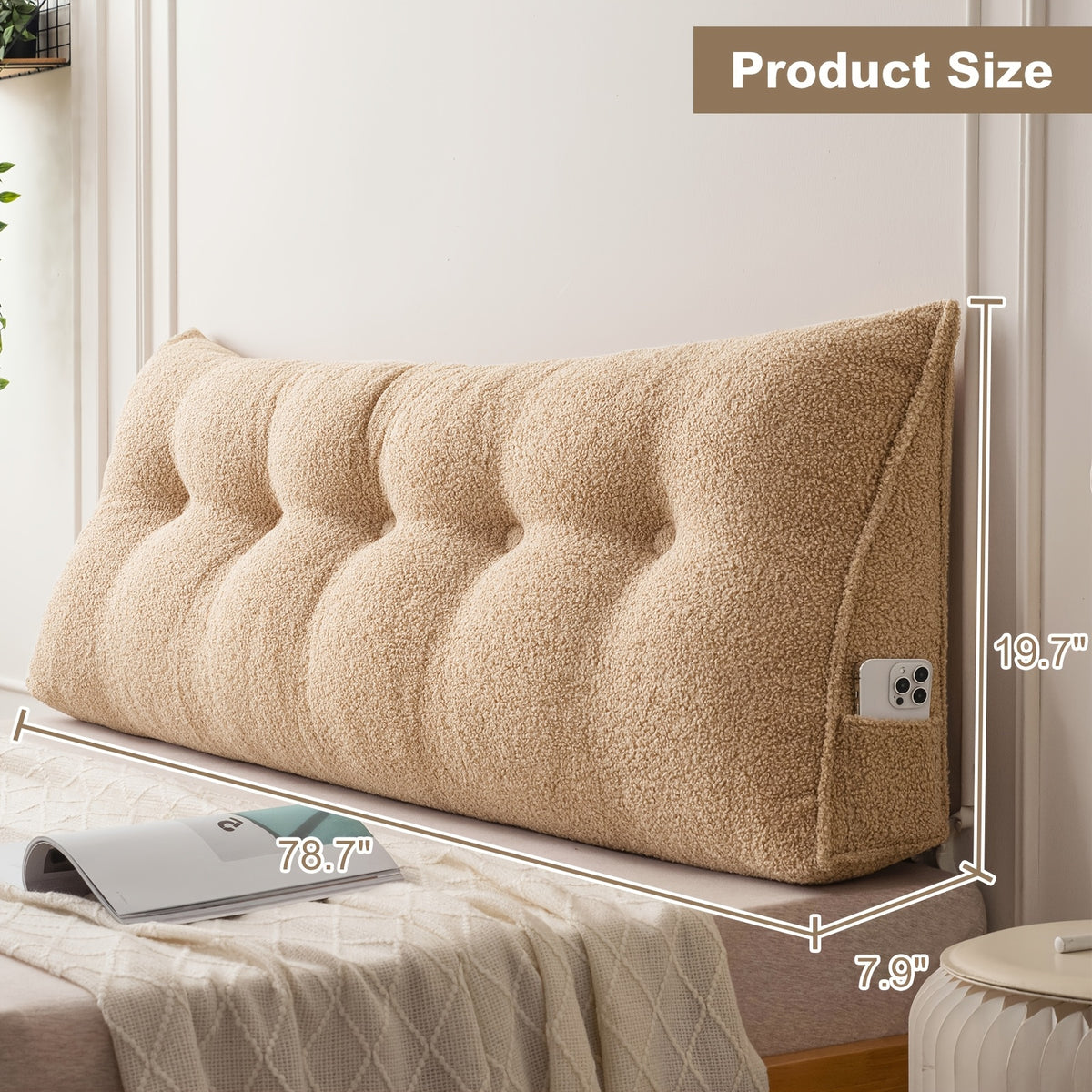Headboard Reading Pillow, Triangular Teddy Velvet Backrest Cushion with Side Pocket and Removable Washable Cover for Twin, Queen and King Beds