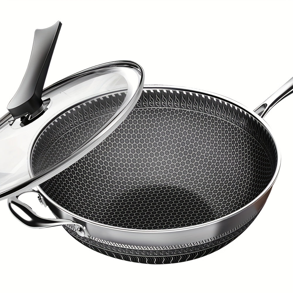 13.3-Inch Tri-Ply Stainless Steel Non-Stick Wok with Lid And 2pcs Cookware Additions, Honeycomb Design, Home Cooking Pan, Suitable for All Stoves, Kitchen Utensils, Kitchen Tools, Kitchen Accessory, Kitchen Supplies Camping