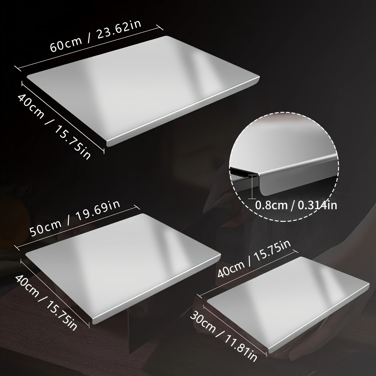 304 Stainless Steel Kitchen Cutting Board, 19.69 or 23.62 Inch Double-Sided Metal Prep Surface for Meat, Vegetables, Fruit and Dough Rolling at Home