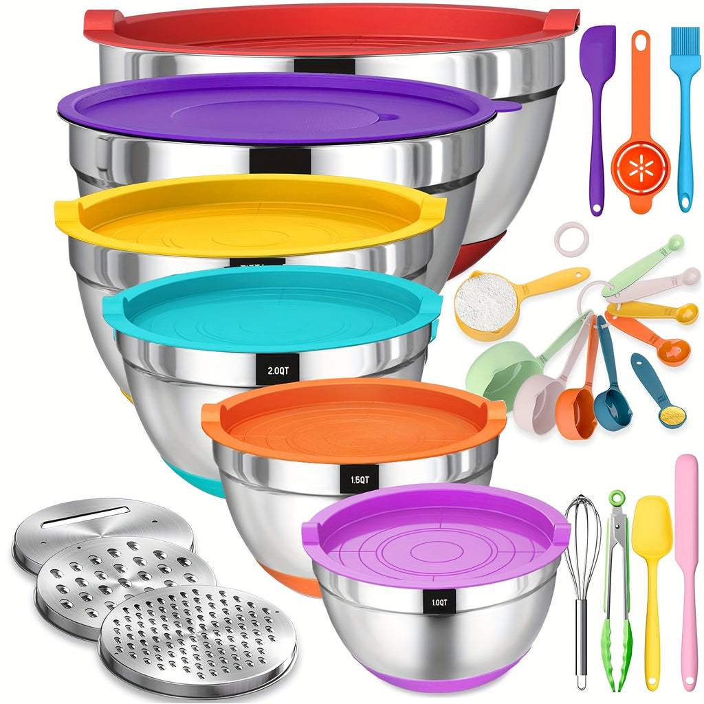 26pcs Mixing Bowls with Airtight Lids, Stainless Steel Bowls Set, 3 Grater Attachments & Black Non-Slip Bottoms Size 7, 4, 2.5, 2.0, 1.5, 1QT, Great for Mixing & Serving