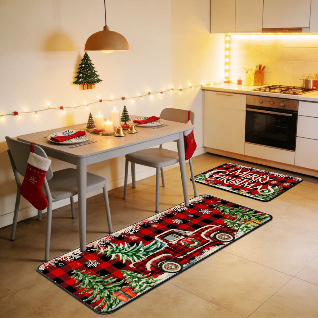 2pcs Christmas Kitchen Floor Mat Set, Christmas Kitchen Rug Set 2pcs Farmhouse Truck Red Buffalo Plaid Christmas Kitchen Decor, Perfect for Kitchen, Home Office, Laundry Room, Bathroom - Timeless Farmhouse Decor, Premium Flange 0.47 Inch Memory Foam Non-S