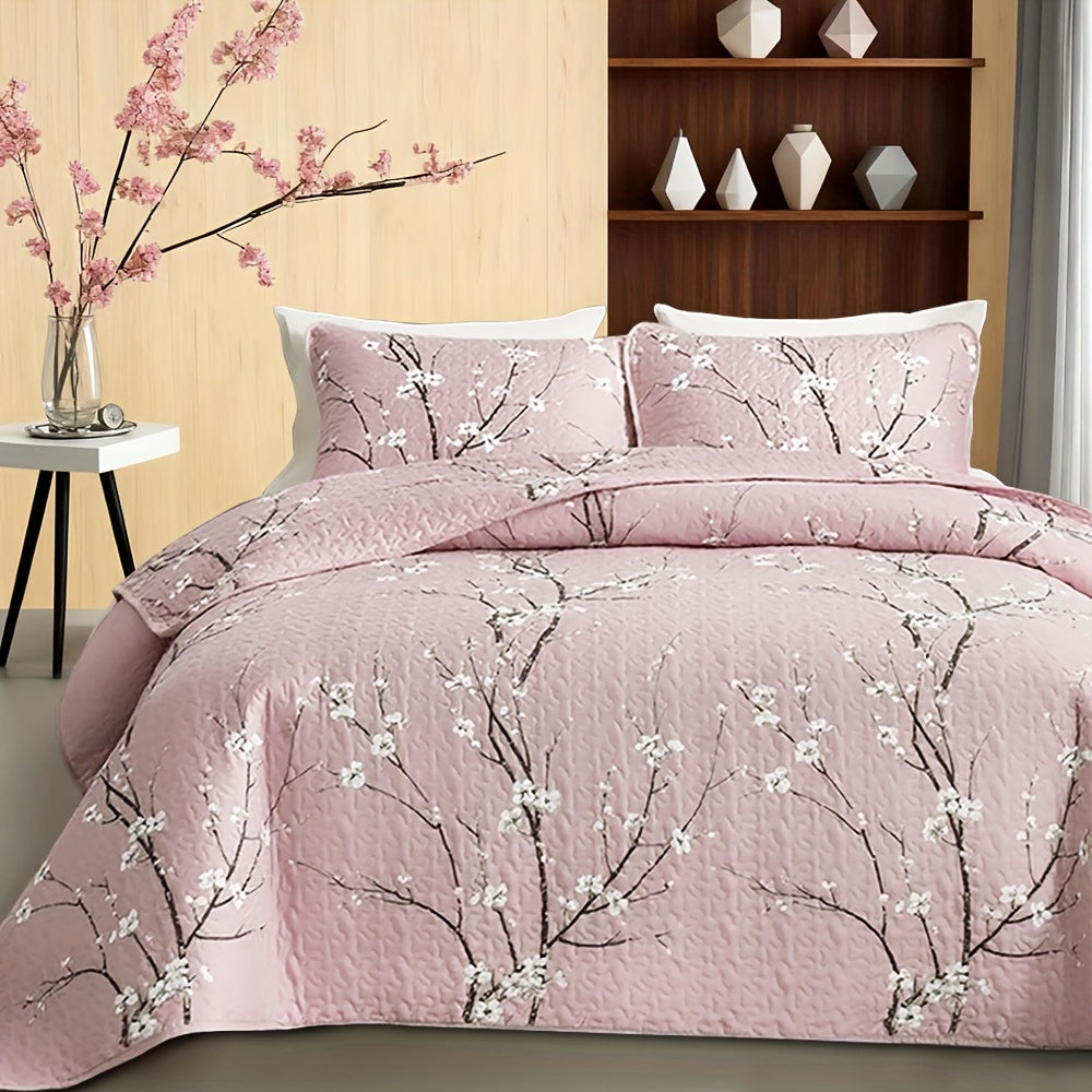 2/3pcs Multicolour Tree Branch Plum Blossom Quilted Quilt, 1pc Quilted Quilt+ 1/2pcs Pillowcases, Soft Breathable Comfortable Portability Hypoallergenic Machine Washable Bed Cover Bedding Room Decor, SingleBed/ Queen/ King Size