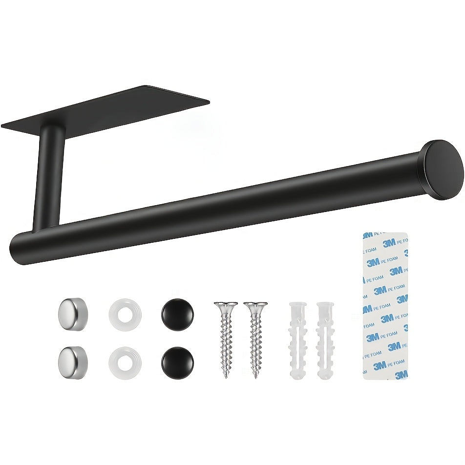 A Single Unit of a Paper Towel Holder Designed for Under Cabinets in The Kitchen, Made from SUS304 Stainless Steel And Can Be Mounted on The Wall Using Either Adhesive Or Screws. It Also Serves As a Rack for Bathroom Towels