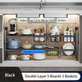 Under Sink Storage Shelf, Expandable Black Two-Tier Cabinet Organizer with 3-Plate or 5-Board and 5-Basket Options for Kitchen and Bathroom Essentials