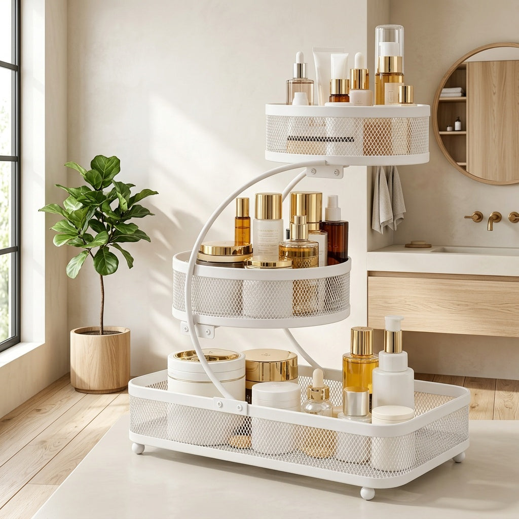 3-tier Metal Bathroom Storage Rack, Includes A Spray Bottle | Hooks - Space-saving Countertop Organizer For Cosmetics, Skincare, And Toiletries | Rust-resistant Diamond Mesh Design | Sturdy And Durable, Suitable For Vanities, Bathrooms, Wardrobes