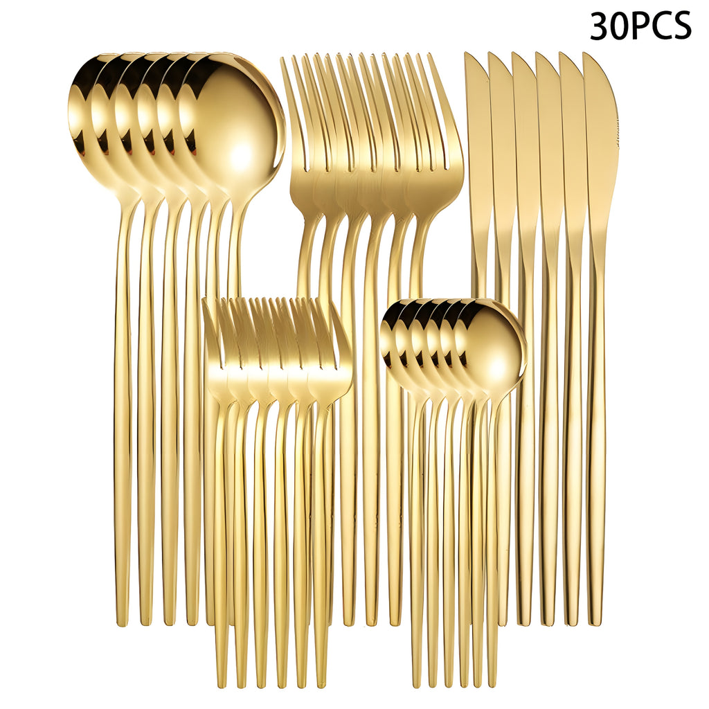 30/60pcs Stainless Steel Cutlery Set, Including Steak Knife, Fork, Spoon And Teaspoon, Dinner Fork, Dinner Spoon, Fruit Fork, Dessert Spoon, Coffee Spoon, Mirror Polished, Suitable for Family Restaurants, Hotels, Parties, Weddings, Copper Cutlery Se