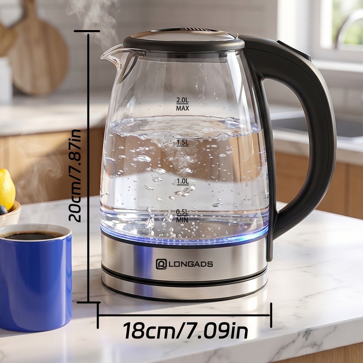 Electric Kettle, 67.63oz Large Capacity, Glass Electric Kettle, 1000W High Power, Anti-dry Burning And Rapid Heating, Suitable For Kitchen, Dining Room And Living Room, For Brewing Coffee And Milk, Saving More Heating Time And Being Safer.