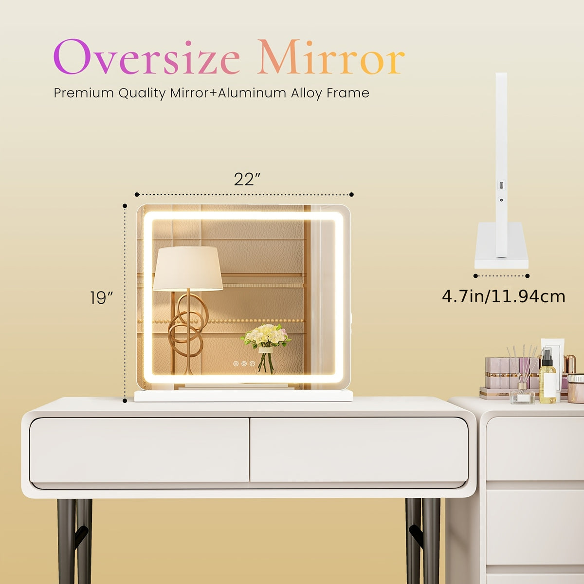 Smart LED Vanity Mirror with Dimmable Lights & Memory - 3 Color Modes, USB Port In Sleek Aluminum Frame for Bathroom, Bedroom, Desk, 13"x17"/22"x19"/32"x22"