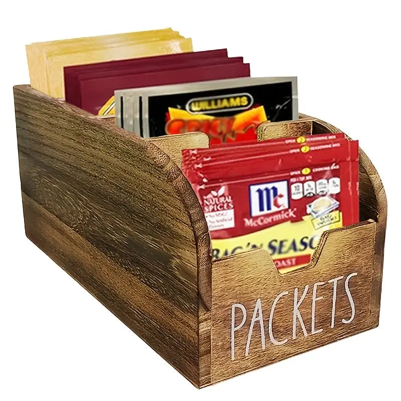 Divided Wooden Spice Box, Vintage Rustic Packet Organizer in Black or Brown with Single and 2-Piece Options for Kitchen Counters and Packaged Snacks