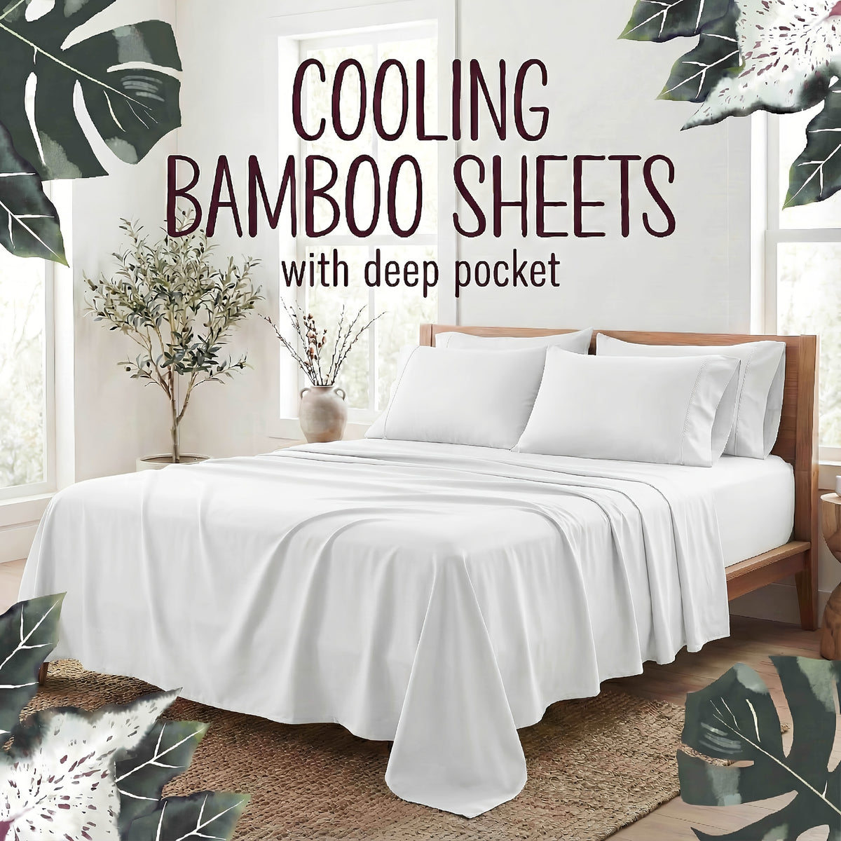 4-Piece Bamboo Fiber Bedding - Hypoallergenic and Temperature-Regulating, Suitable for All Seasons to Care for Deep Sleepers, Luxurious Bedding with Deep Pockets, Wrinkle-Resistant and No Ironing Needed, Great for Room and Bedroom Decor