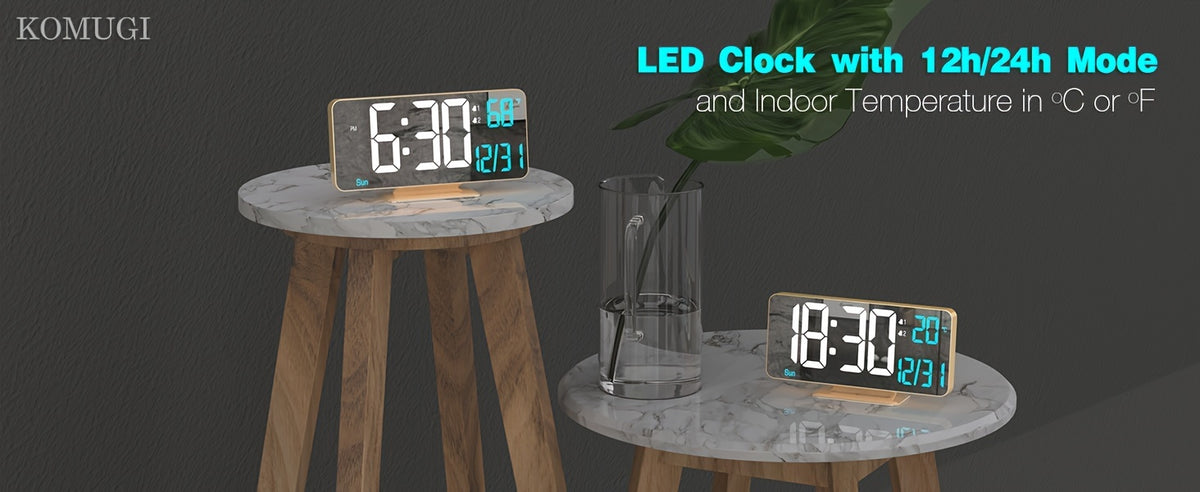 1pc Komugi Large 6.7" Golden Digital Alarm Clock with Dual Alarm, Dimmable LED Display, Temperature/Humidity-like (No Hygrometer), Date/Day of Week, USB-Powered Modern Desk Clock for Bedside, Living Room, Office - LCD Screen