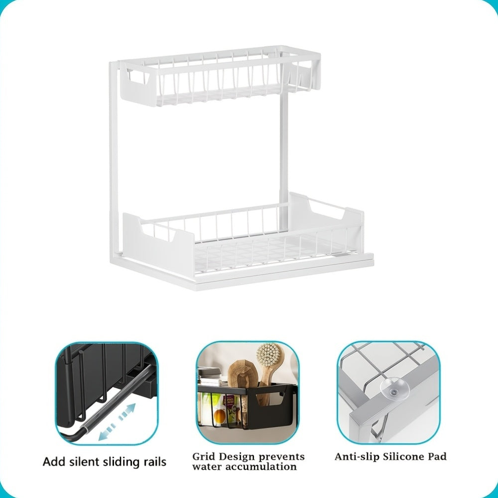 Sliding Under Sink Storage Rack, Two-Tier Metal Cabinet Organizer with Narrow Upper Basket and Pull-Out Lower Drawer in Black White or Gray, 1 or 2 Pack