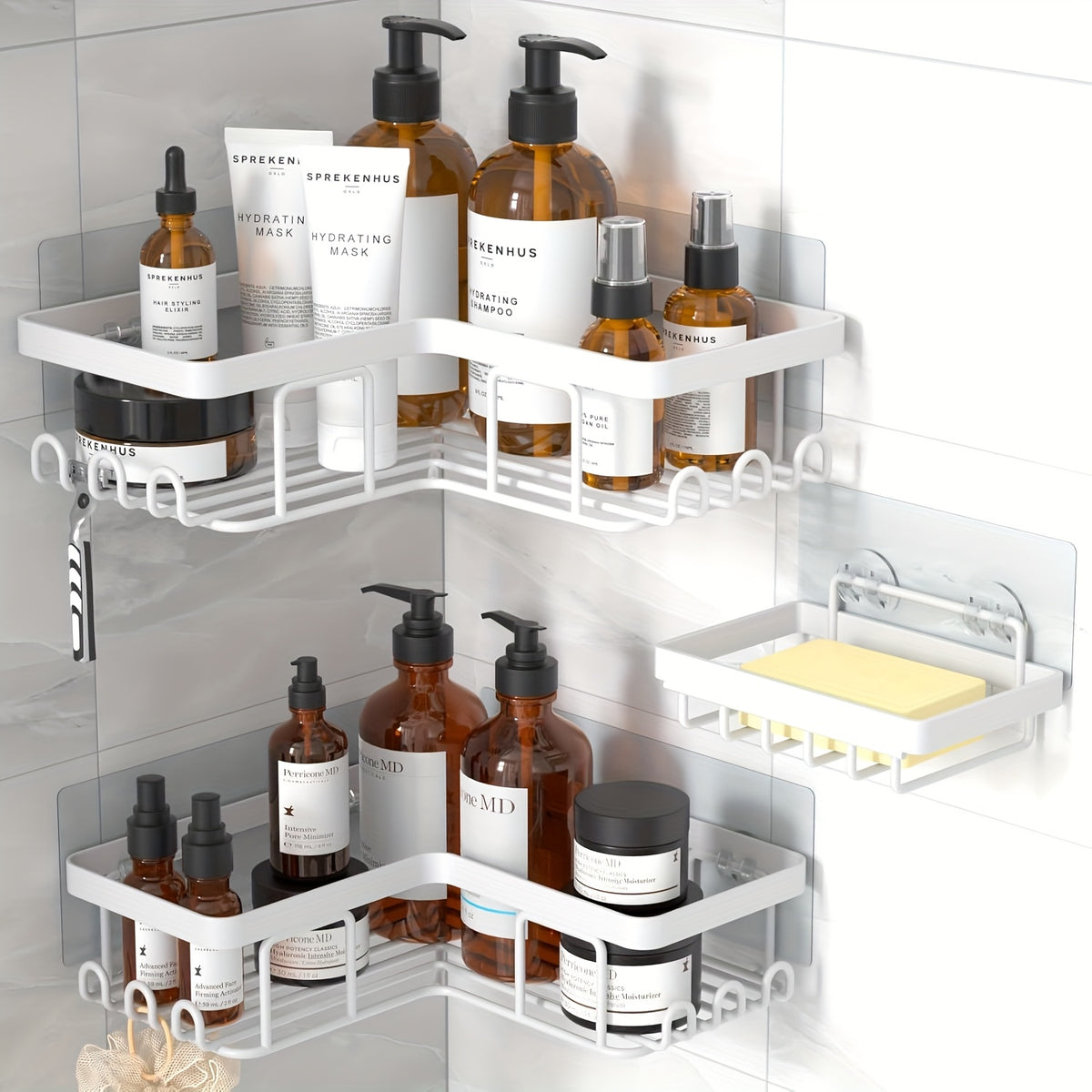 Corner Adhesive Shower Caddy, with Soap Holder And 12 Hooks, Rustproof Stainless Steel Bathroom Organizer, No Drilling Wall Mounted Rack, Random Color Properties to Choose, Shower Caddies