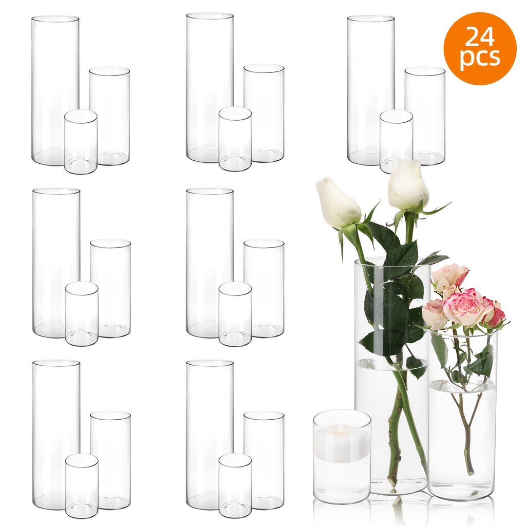 24 Pack Clear Glass Cylinder Vases, 4, 8, 12 Inch Tall Glass Cylinder Vases for Centerpieces, Glass Flower Vase, Clear Flower Vase Hurricane Floating Candle Holder for DIY Candle Making, Table Centerpiece Wedding Home Decor