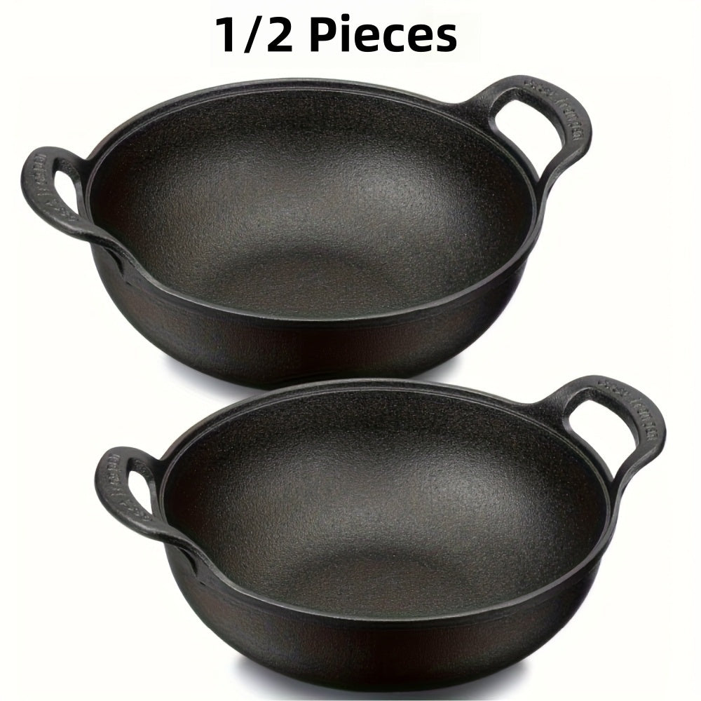 2-Piece/1-Piece Pre-Seasoned Cast Iron Wok Set - Grill & Stove Pan with Handles, Oven Safe Nonstick Skillet for Stir Fry, BBQ, Camping (No Lid)