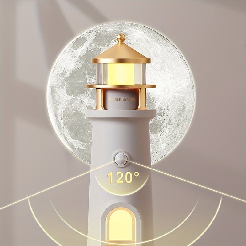 1pc Projector-equipped Moon Lighthouse Night Light with A Sensitive Human Body Sensor Switch And Always-on Function That Can Be Set At Will. It Can Be Used for Both USB Charging And Plug-in Power Supply, Making It A Great Decorative Item And Gift..