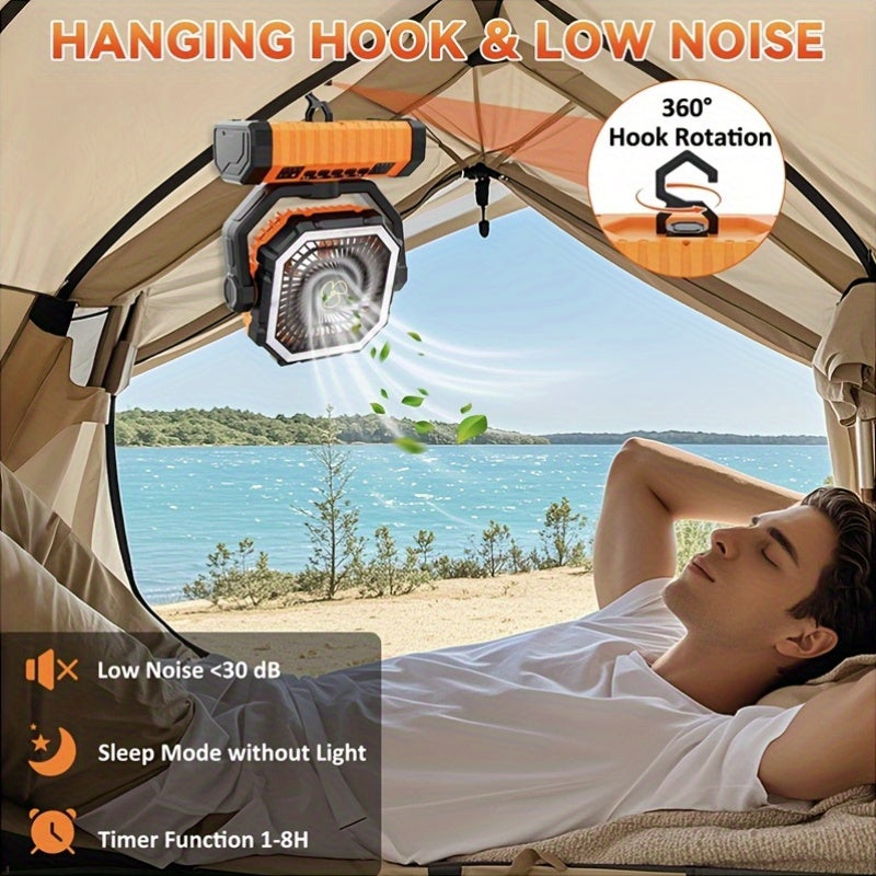 20000Mah Portable LED Camping Fan with Built-In Light, Rechargeable Fan, USB Rechargeable Outdoor Fan for Tents, Hiking, Fishing - Rugged Compact Design, Green And Orange, Hiking Essentials, Sturdy Handle Feature, Camping Additions