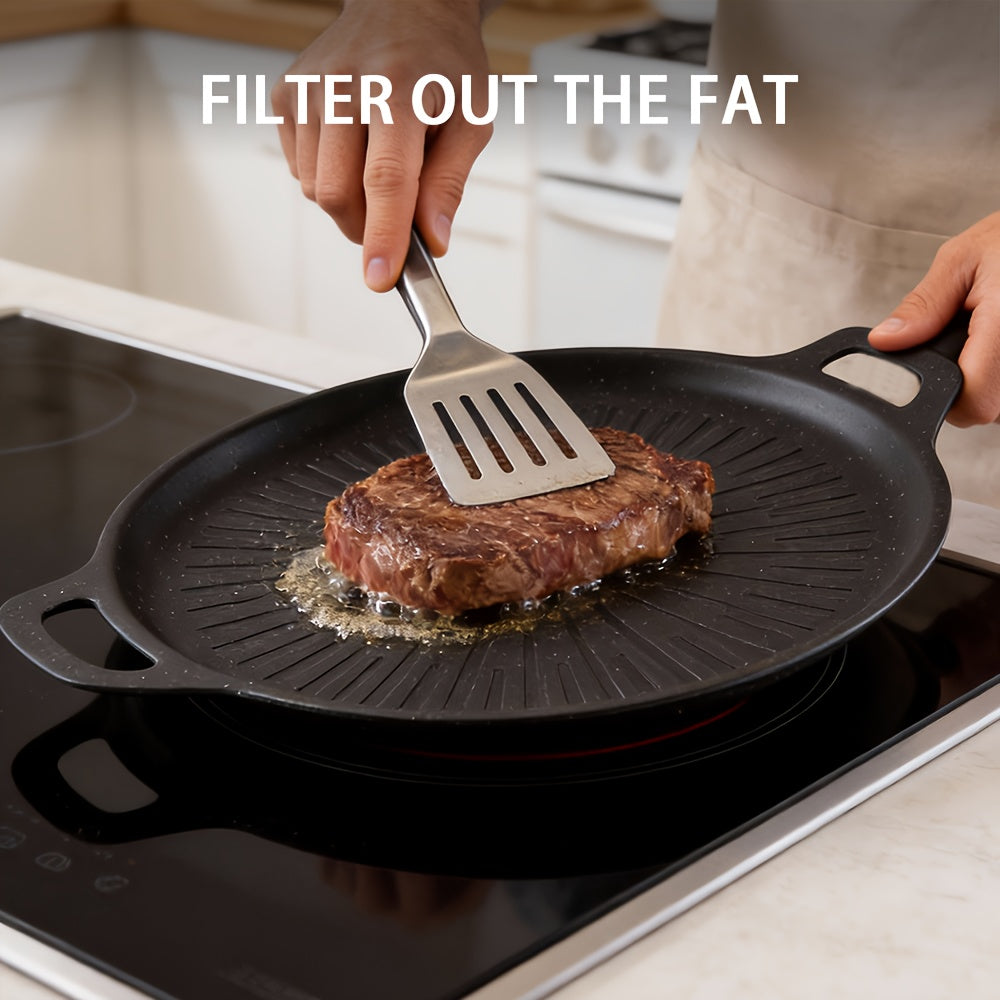 Nonstick Grill Pan with Oill Brush, Griddle Pan with Oil Drain Groove Even Heating, for Grilling And Sauce Locking- Pizza, Eggs, Grilling, Crepes, Easy Clean, Portable Frying Pan for Camping Cookware, Family Gatherings & Restaurant Use
