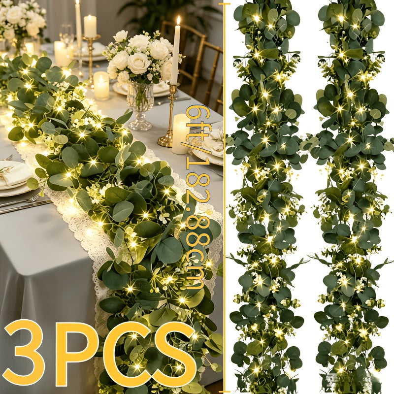Lighted Eucalyptus Garland Set of 3, 6-Foot Artificial Greenery Vines with Warm LED Lights for Wedding Tables, Centerpieces and Home Decor
