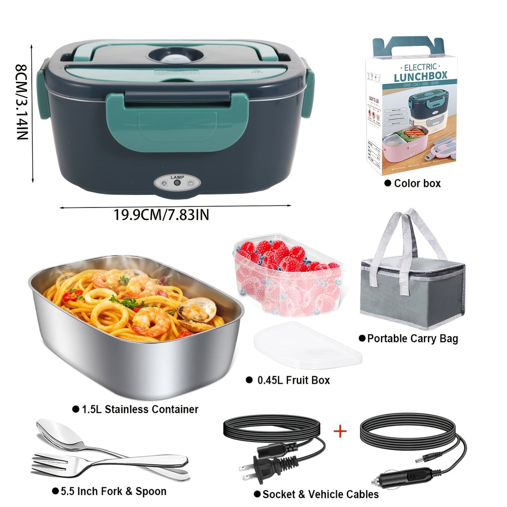 3in 1 Lunch Box - 12V/24V for Car & 120V for Home, Portable Food Heater with 304 Stainless Steel Container, Leak-Proof Design for Truck, Office, Dorm and Camping