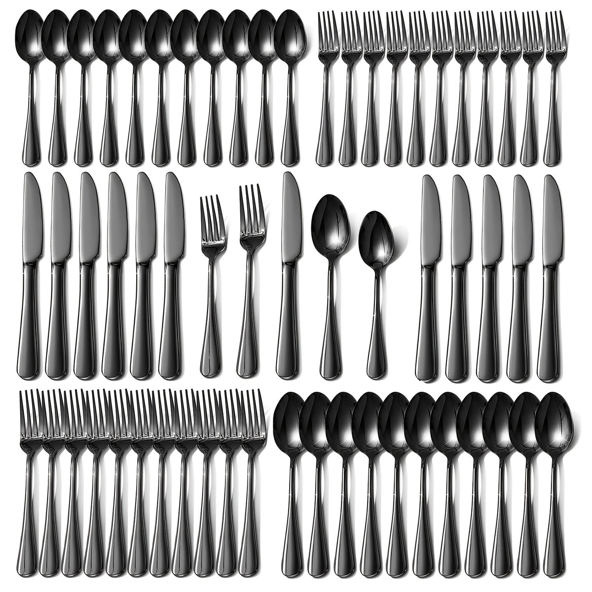 60pcs Black Silverware Set, Stainless Steel Flatware Cutlery Set Service for 12, Tableware Eating Utensils Include Knives/Forks/Spoons, Mirror Polished, Dishwasher Safe