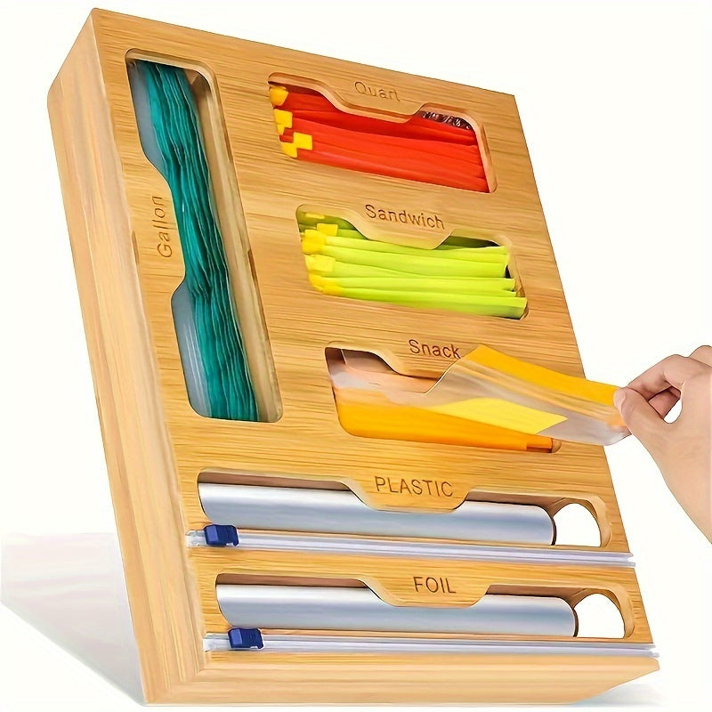 Bamboo Bag Organizer And Foil And Plastic Wrap Organizer Aluminum Foil Organization And Storage Plastic Wrap Dispenser with Cutter for Kitchen Drawer for Gallon Quart Sandwich Snack Kitchen Supplies