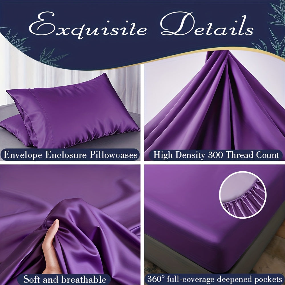 3/4pcs Bamboo Cooling Bed Sheet Set - 2300 TC Ultra Soft & Breathable, Shrink-Resistant, Smooth & Comfortable For All Season | Deep Pocket Fitted Sheet, Flat Sheet, Pillowcases | Room Decor, Random Color