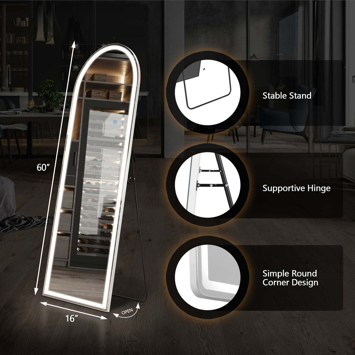 SMUG 64 X 21 Inch Mirror Full Length Standing Mirror with LED Lights, Lighted Floor Mirror with Stand, W/Dimming And 3 Color Lighting, Wall Mirror Full Length Aluminum Alloy Thin Frame