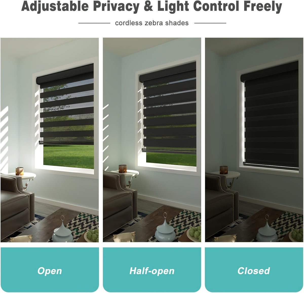 Cordless Zebra Blinds for Windows and Doors, Dual Layer Light Filtering Roller Shades in White, Beige, Grey or Black for Bedroom and Living Room Privacy