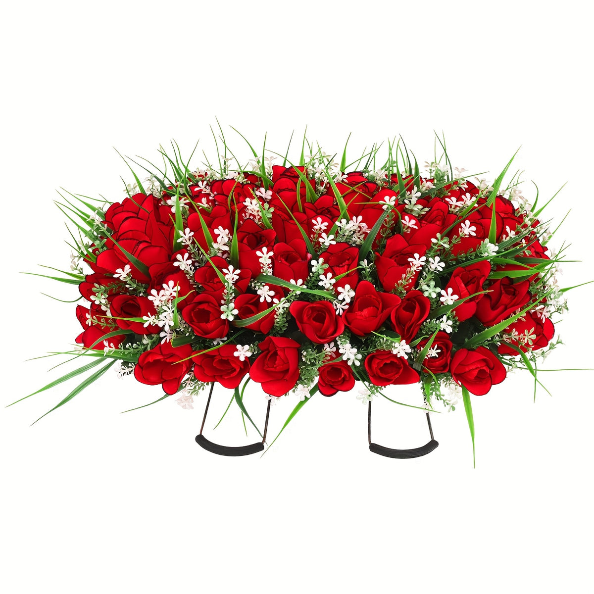 1/2/3pcs Artificial Cemetery Flower For Grave With Saddles, Artificial Silky Rose Flowers And Bouquets With Vases, Memorial Day Flowers For Cemetery, Outdoor Grave Headstones Decoration