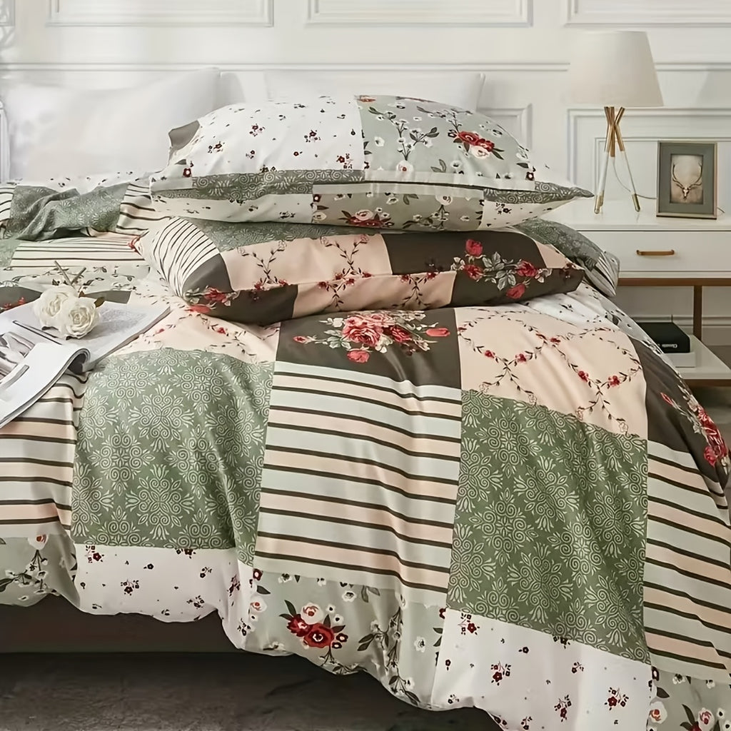 Floral Patchwork Duvet Cover Set, 3-Piece Lightweight Flower and Plaid Bedding with Zipper and 2 Pillowcases in Blue Green or Pink, No Comforter Insert