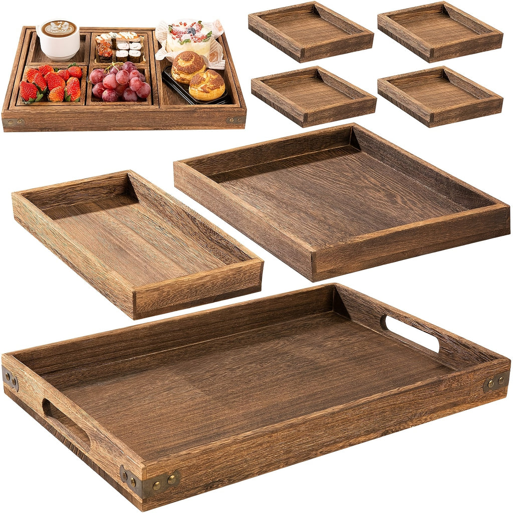 7pcs Paulownia Wood Nesting Serving Trays Set - Wood Grain Suitable for Home Decor, Coffee Table, Rustic Farmhouse Organizer with Space-Saving Nestable, Lightweight Breakfast & Party Trays for Snacks, Desserts, Drinks