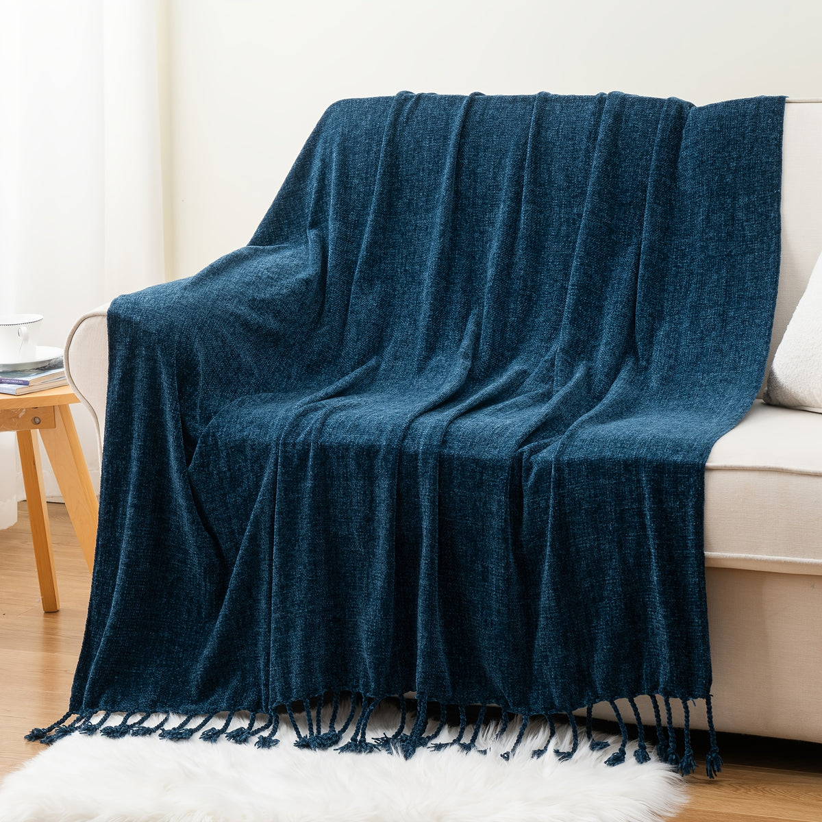 Decorative Fringe Velvety Throw Blanket for Sofa Home Decor, Chenille Throw Blanket for Couch, 50"x60"
