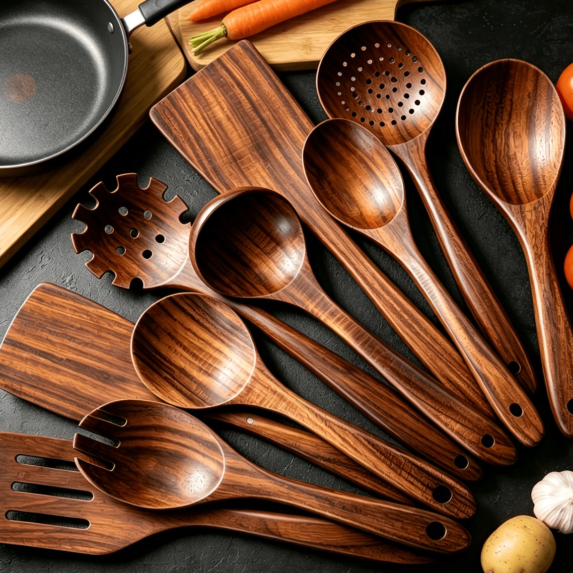 10pcs Non Stick Cookware Set, Wooden Kitchen Utensils, Heat-resistant, Including Shovel And Perforated Wooden Spoon. It Is A Stylish And Durable Wooden Multifunctional Set Suitable For Kitchen, Cooking, Baking, As Well As Casual And Formal.900g