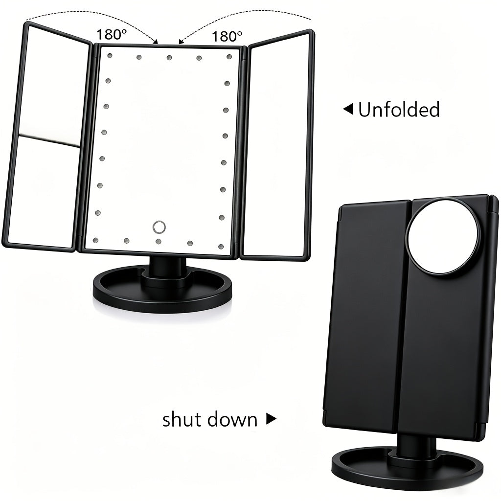 Makeup Mirror with Lights, Tri-Fold LED Vanity Mirror Touch Screen, 1X 2X 3X 10X Magnifying, Adjustable Base, Travel Mirror for Desk, Gift for Women, Rose Golden/Black