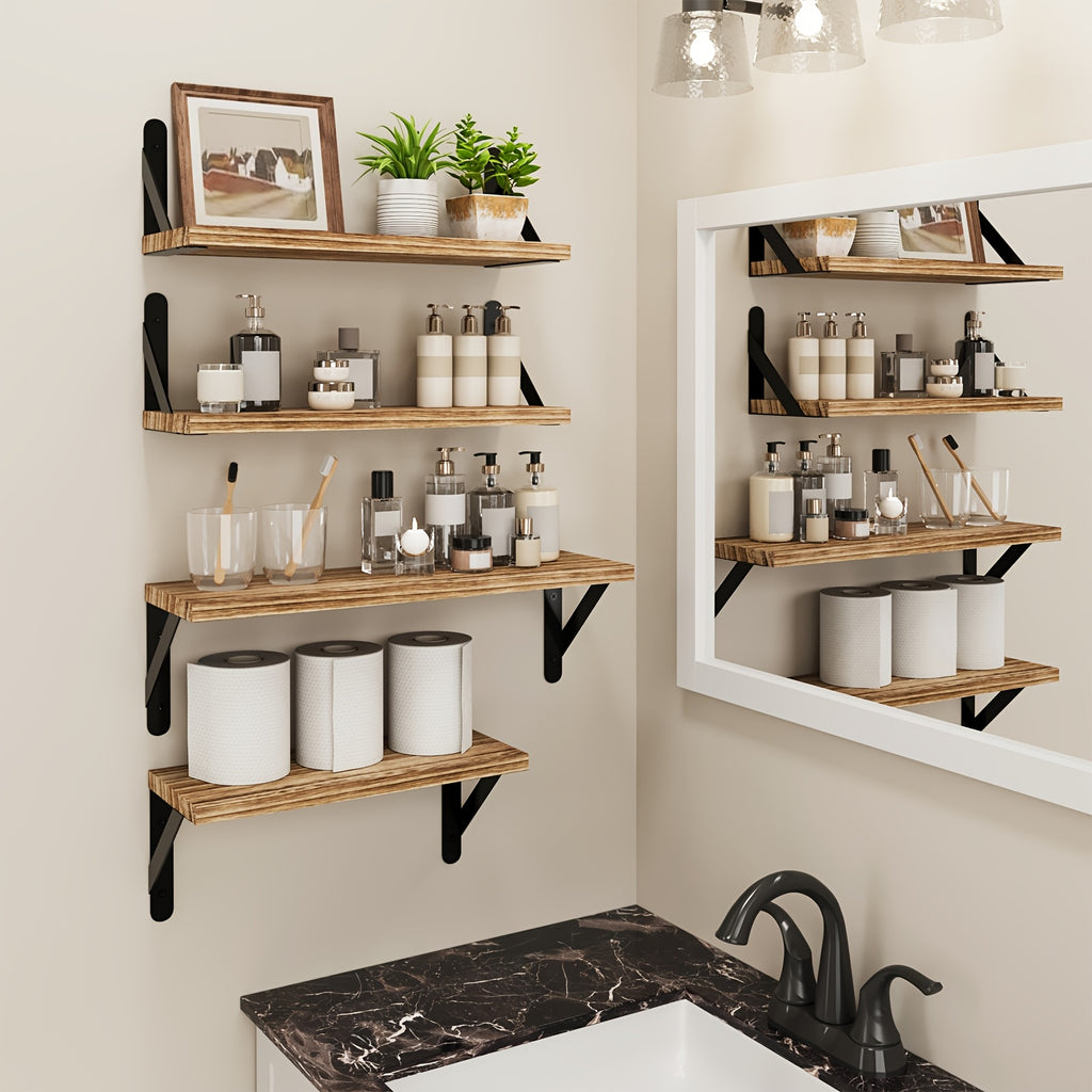 Floating Display Shelves, 4-Piece Wall Mounted Storage Set in Wood Color, Walnut Color or Black and White for Bedroom, Bathroom and Living Room Decor