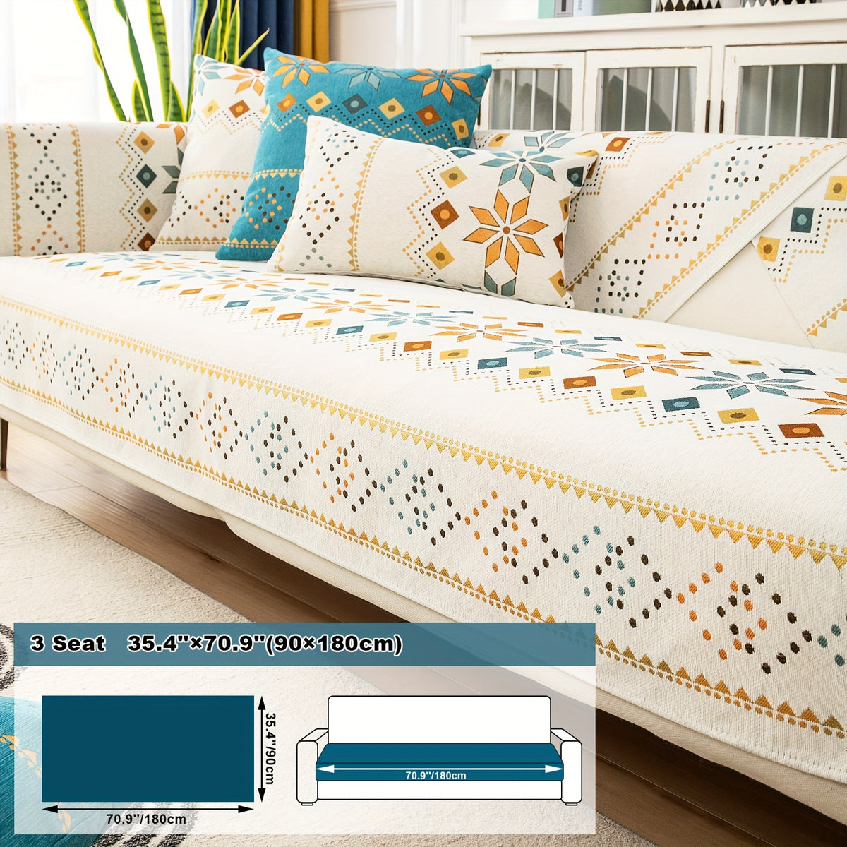 1pc Bohemian Chenille Sofa Cover Suitable for Sofa Sizes (Single to Four-Seater) - Thick Plush Non-Slip Couch Cover with Geometric Embroidery, Chenier Fabric Slipcover Fits for Sectional Sofas, Machine Washable Furniture