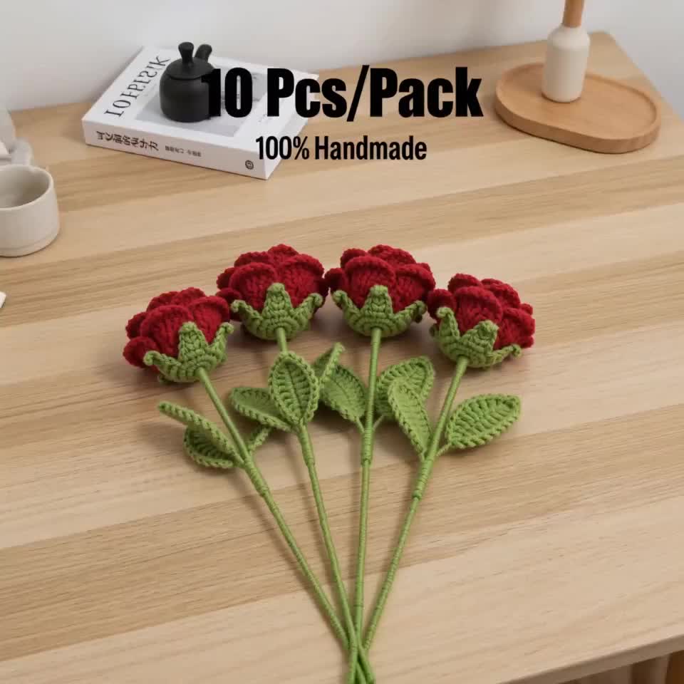 10pcs 10pcs Pack Realistic Crocheted Red Roses Bouquet - Ever-Blooming Artificial Flower Suitable for Valentine's Day, Mother's Day Gifts, Table Centerpiece Decor, Fabric Roses for Home Decoration, Wedding,, Year-Round Tabletop Arrangements