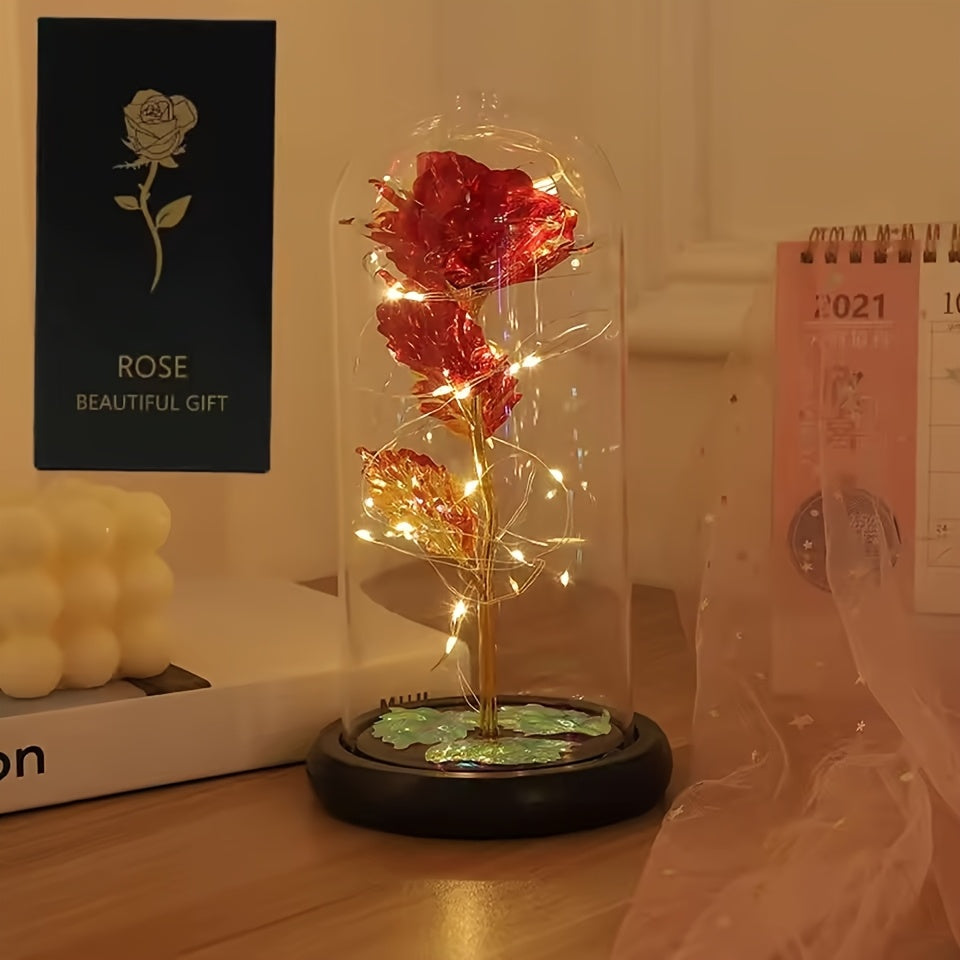 1pc Valentine's Day Gift for Girlfriend, Eternal Rose LED Foil Flower On Glass Cover, Mother's Day Wedding Gift Bridesmaid Gift, Desktop Romantic Decoration