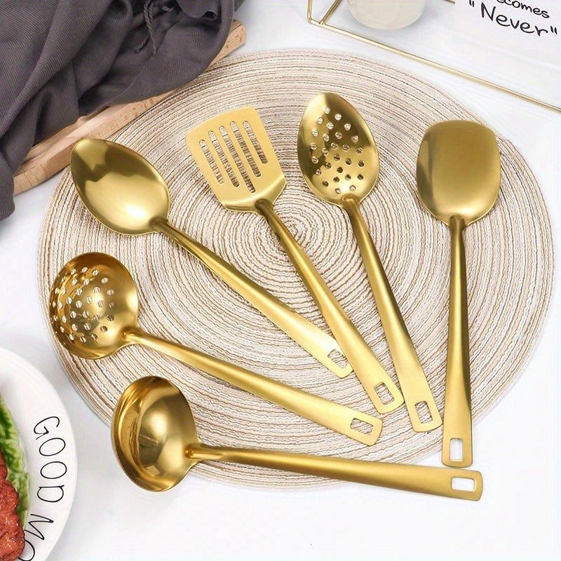 6pcs Set of Korean Style Stainless Steel Golden-plated Kitchen Utensils: Home Cooking Spoons, Frying Flip Spoons - Essential Luxury Golden Service Spoons with Filters and Hot Pot Clips, Perfect for Cooking, Buffets, Restaurant Banquets