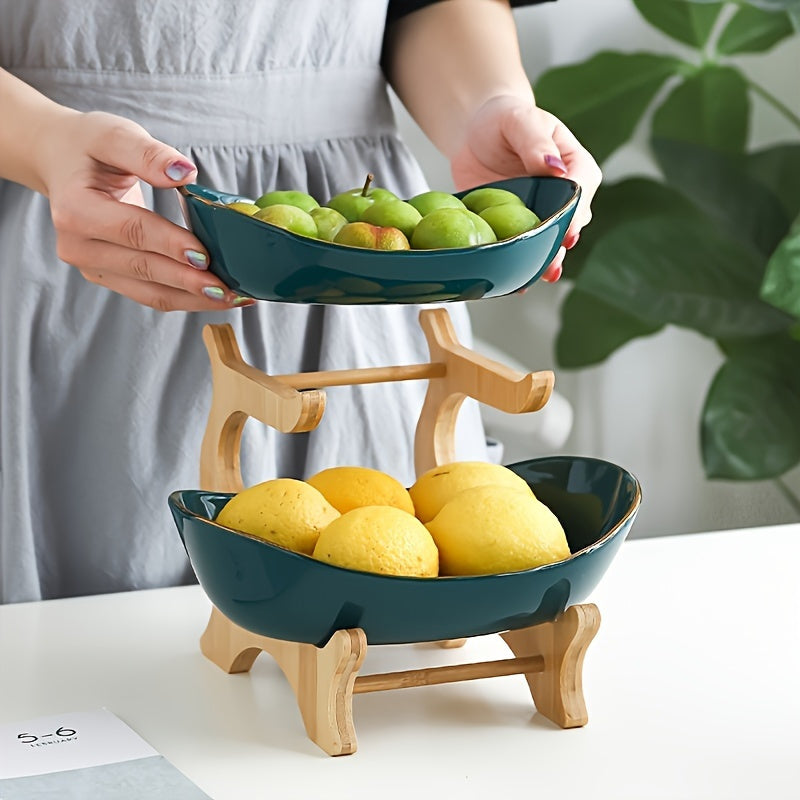 2/3 Tier Luxurious Wooden Elegant Fruit Stand- Double Layer Fruit Bowl and Creative Candy Display- Made of Natural Wood, Suitable Snack Tray for Living Room, Space-saving Design, Easy to Assemble, Father'S Day Gift, Kitchen Dessert Tray