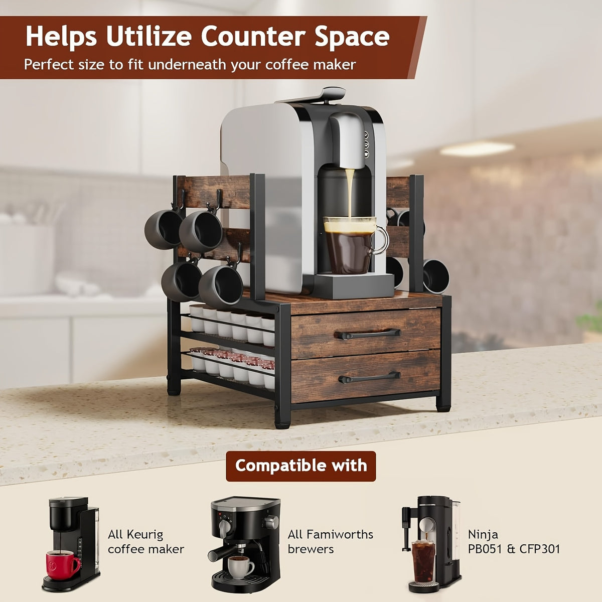 Double Deck Coffee Capsule Storage Rack & Mug Holder, Coffee Rack, K Cup Holder Drawer - Coffee Pod Organizer, Sturdy K Cup Storage Drawer With Mug Holder, 70 Capacity Pods, Home Kitchen Counter Organizer, Country Brown
