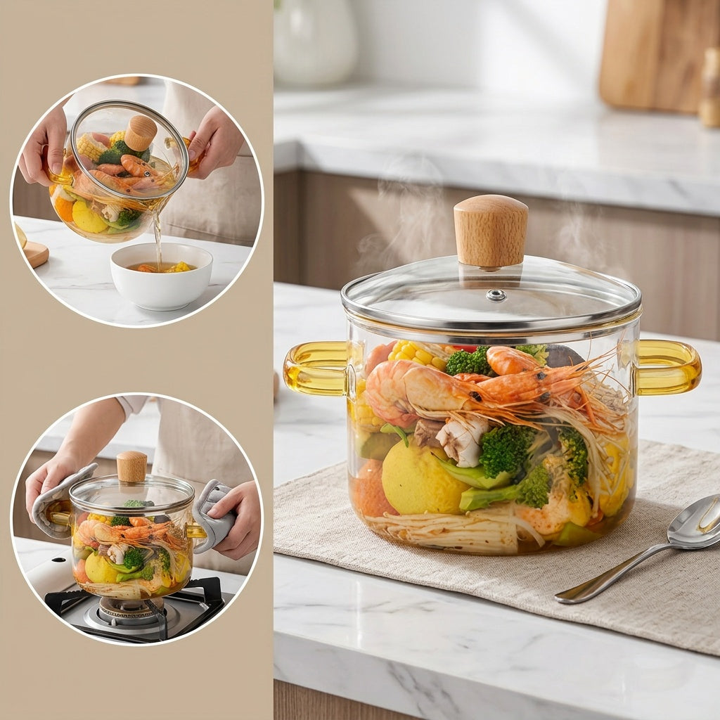 54Oz Borosilicate Glass Cooker with Yellow Handle Heat Resistant Transparent Soup Congee Pot Suitable for Stoves And Ovens Perfect for Families And Restaurants Perfect for Soups Milk Ramen More Easy Clean Odorless Kitchen Essential