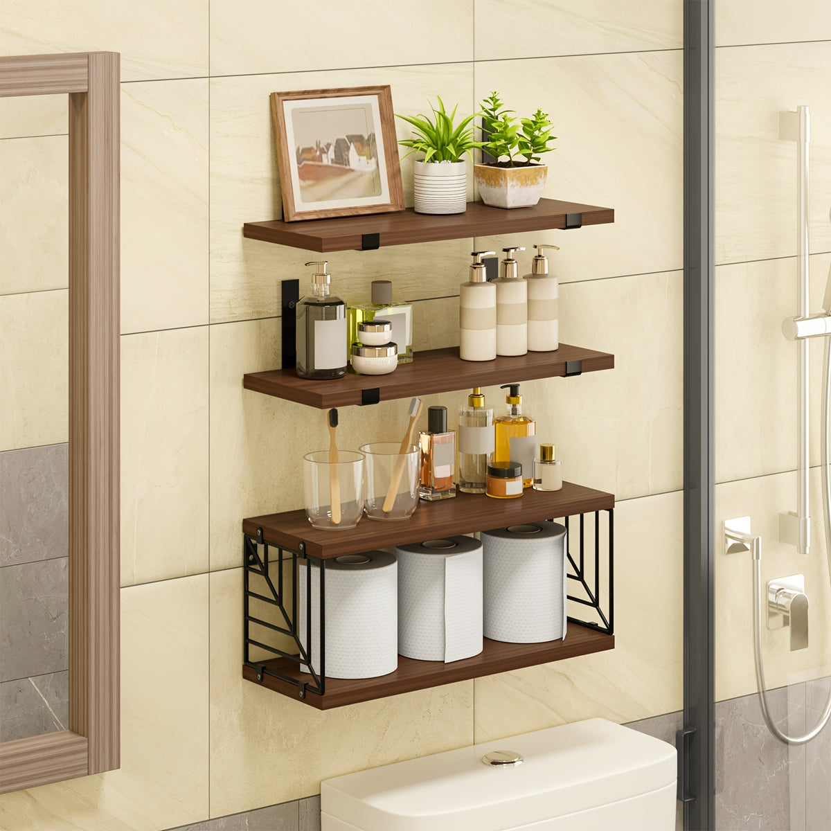 TOMNK 3/4pcs Wall Mounted Floating Storage Rack, Rustic Wood Wall Shelf with Guardrail, Multifunctional Display Unit for Bedroom, Living Room, Bathroom And Kitchen