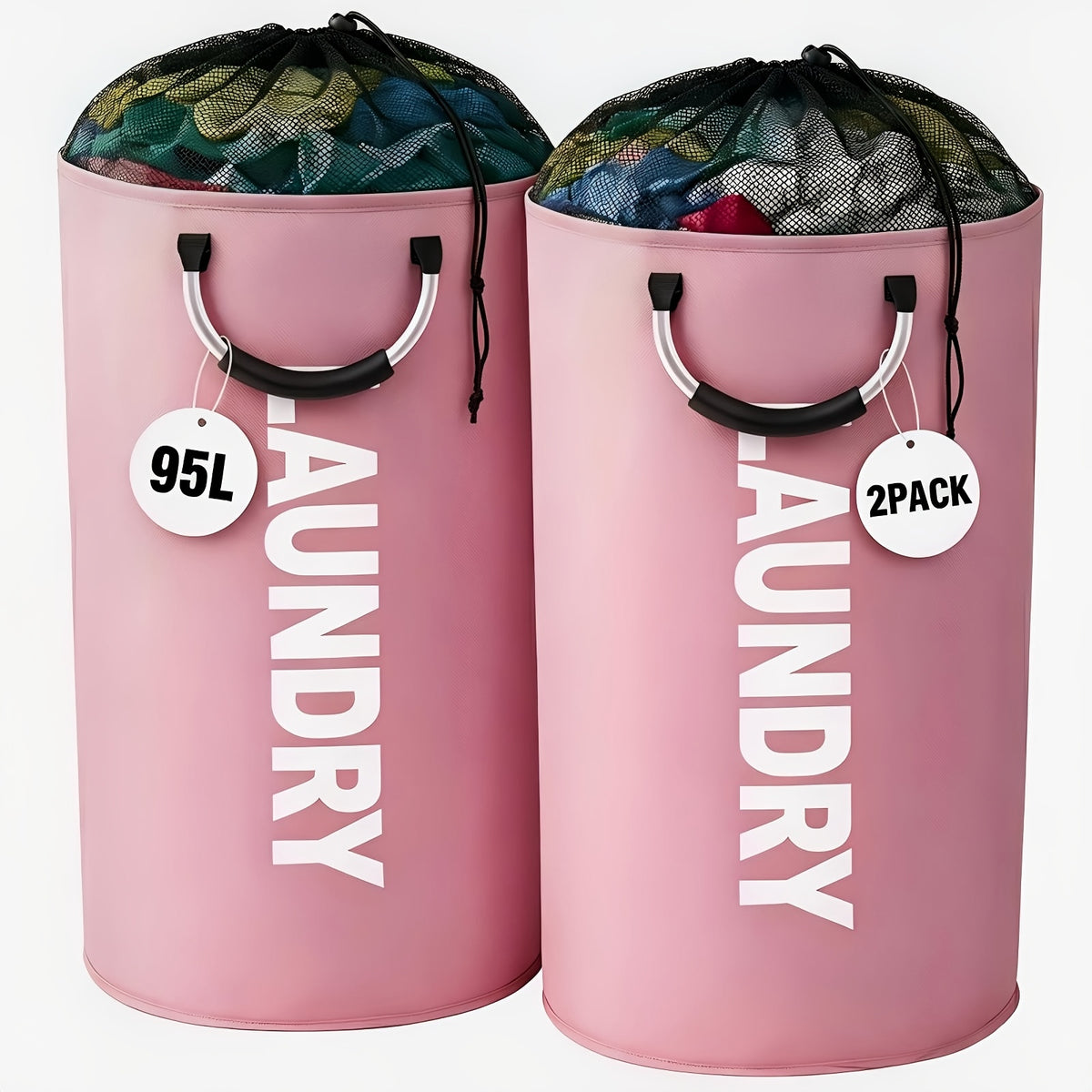 2-Pack Extra Large 25.1gal/30.38gal Foldable Laundry Baskets with New Drawstring Closure Design, Multi-Purpose Fabric Clothes Storage Baskets for Bathroom, Bedroom, Outdoor, And Dorm (Space-Saving Design); Each with Ring Handles, Premium Laundry Storage B